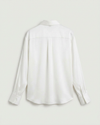 Back view of the satin relaxed button-down shirt in cream