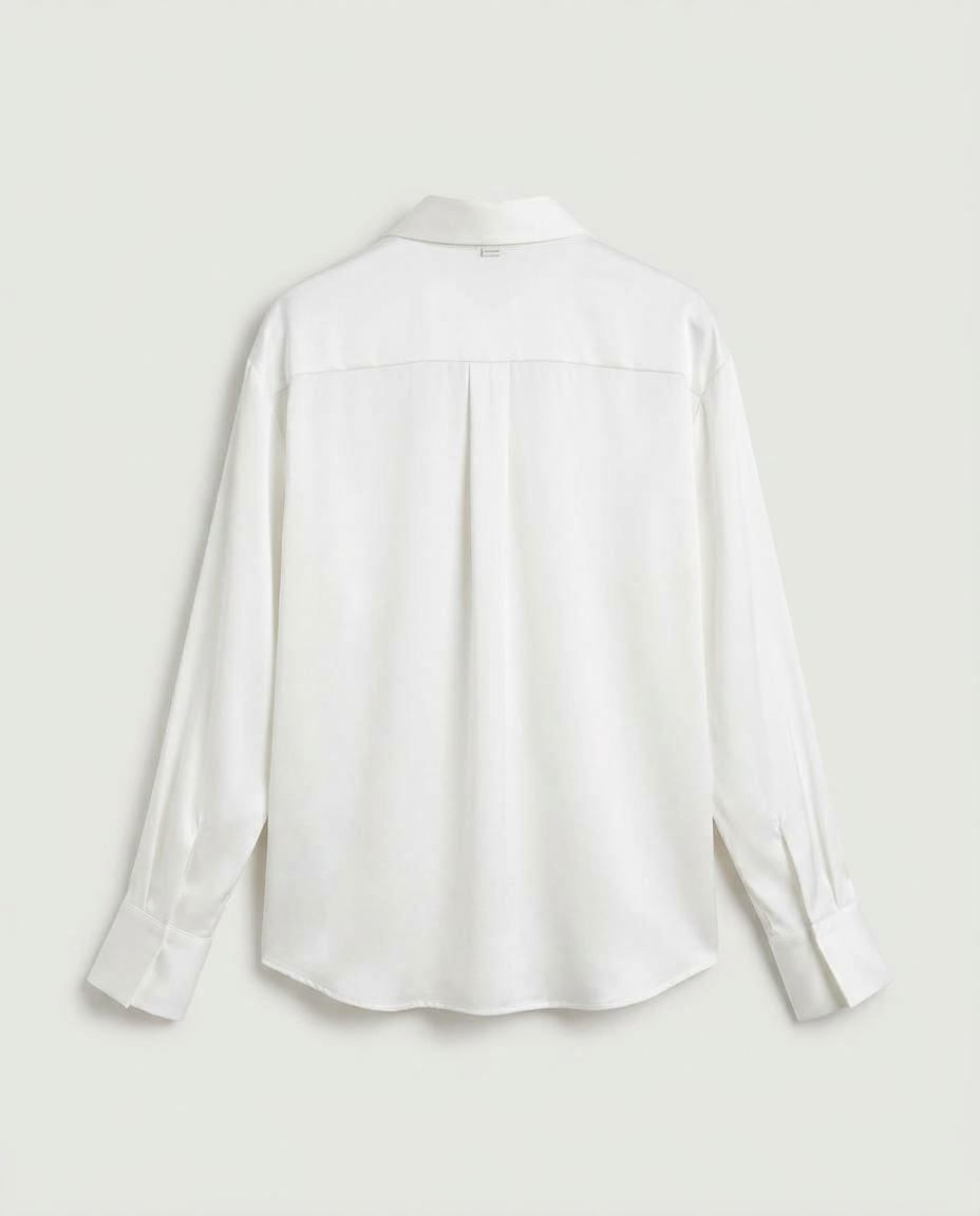 Back view of the satin relaxed button-down shirt in cream