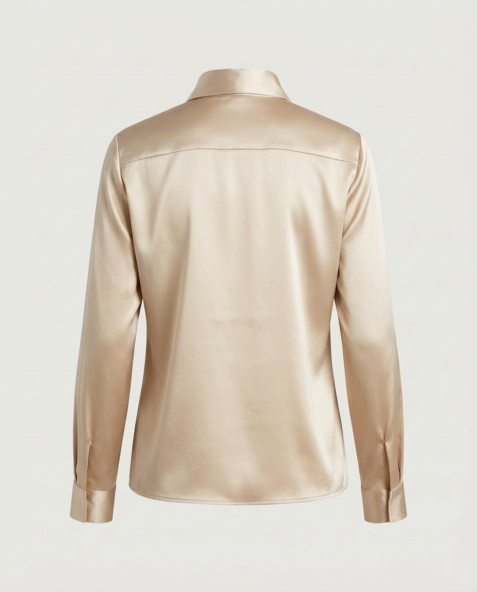 Back view of cream satin blouse showing straight yoke and clean hemline
