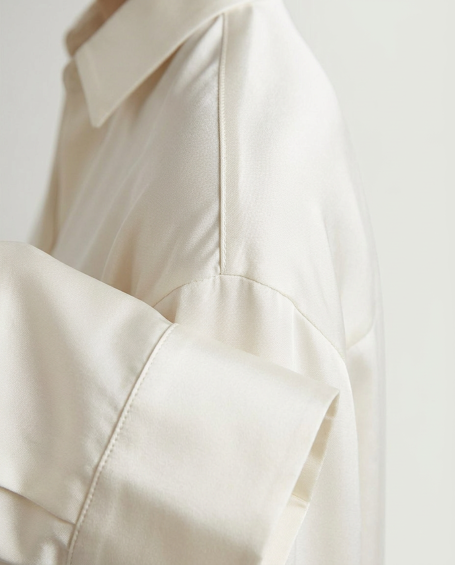 Satin Relaxed Button-Down Shirt, Cream, detail