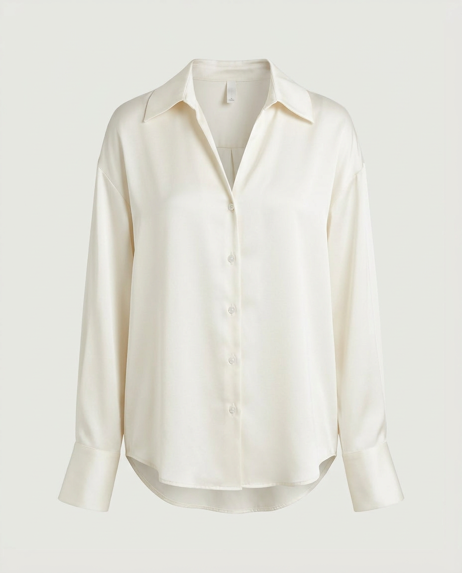 Front view of the satin relaxed button-down shirt in cream on a hanger