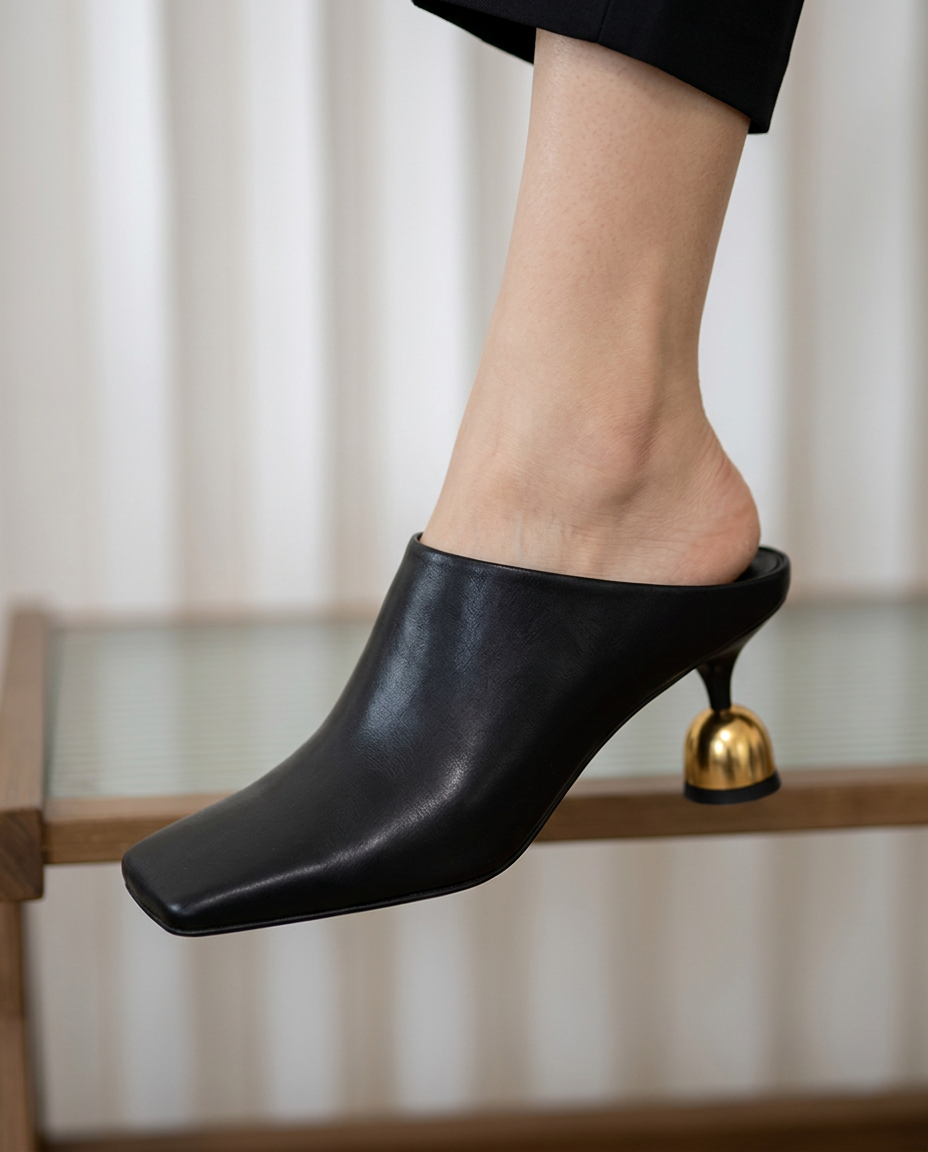 Close view of the Black mule heel structure.