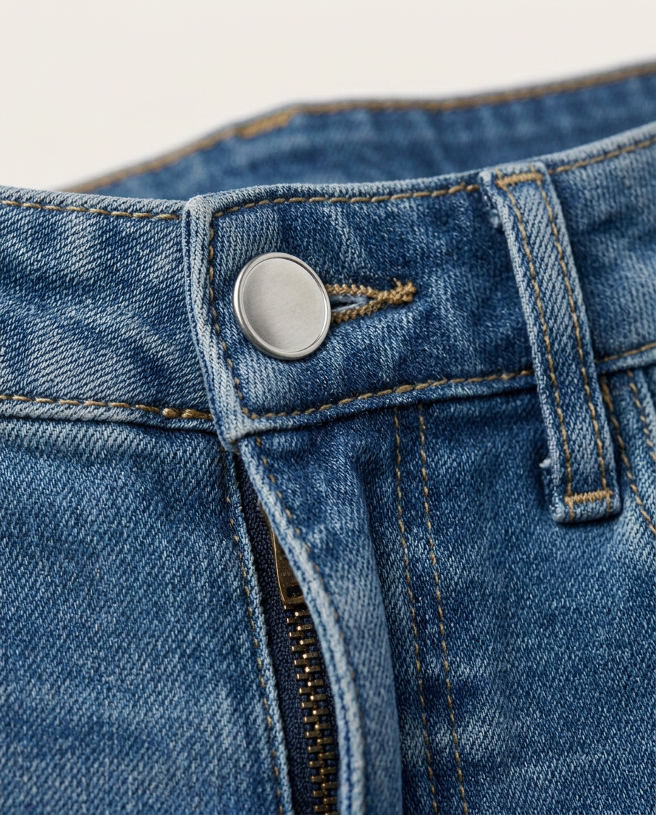 Seamed Wide-Leg Jeans in Mid Blue, mid blue waistband with metal button and zip fly, detail view