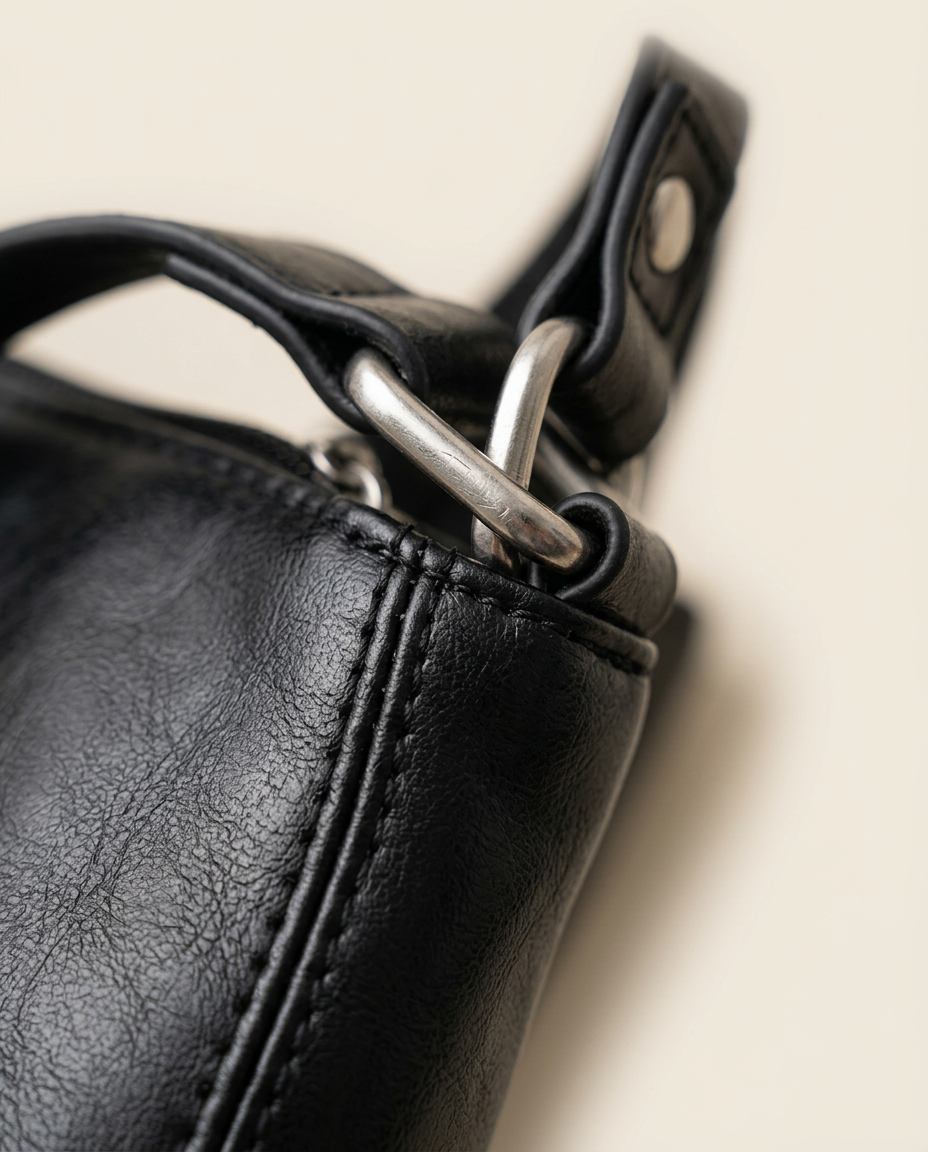 Close-up of the smooth grain texture and zip pouch in black