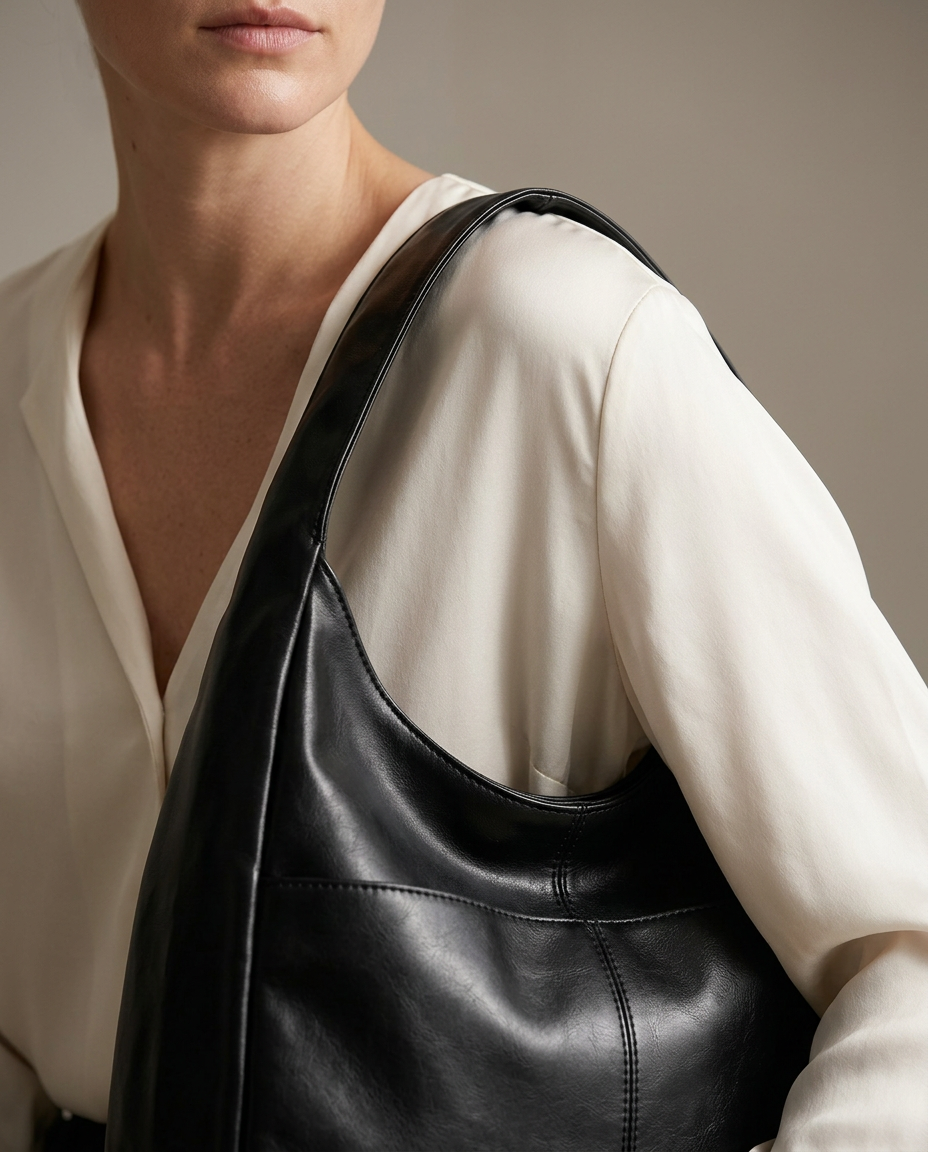 Soft Slouchy Hobo Bag, Black, worn