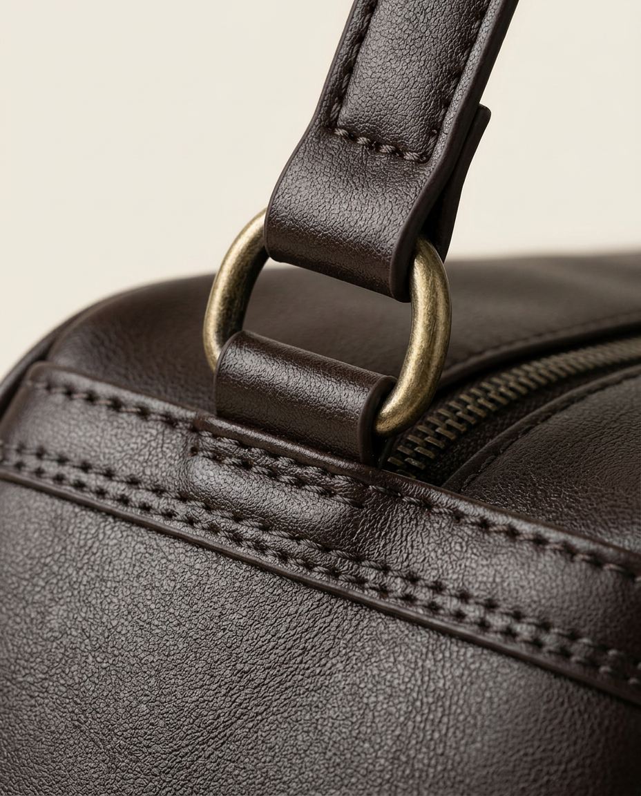 Macro view of the front slip pocket and tonal stitching in Chocolate