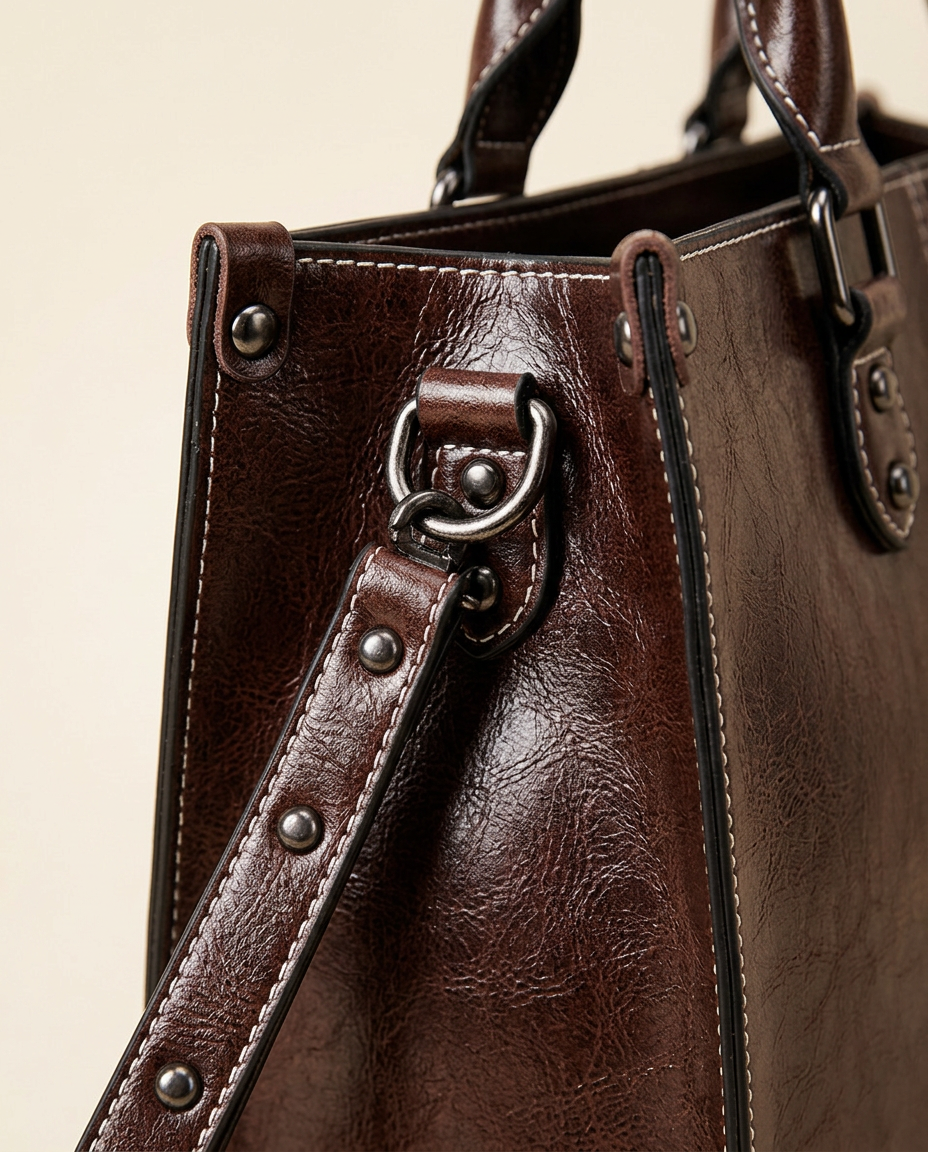 Close-up of glazed chocolate surface, contrast topstitching, and handle hardware