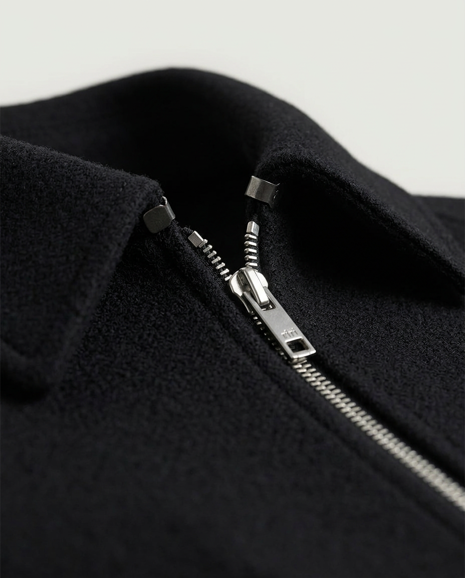 Structured Wide Sleeve Zip Jacket in Black, point collar and metal zip, detail view