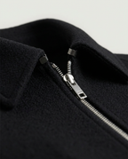 Structured Wide Sleeve Zip Jacket in Black, point collar and metal zip, detail view