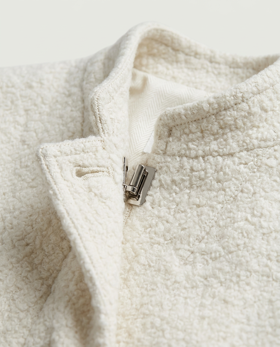 Structured Textured Jacket in Cream, stand collar and metal hook closure, detail view