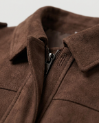 Faux Suede Blouson Jacket in Chocolate, collar, zip and chest pocket, detail view