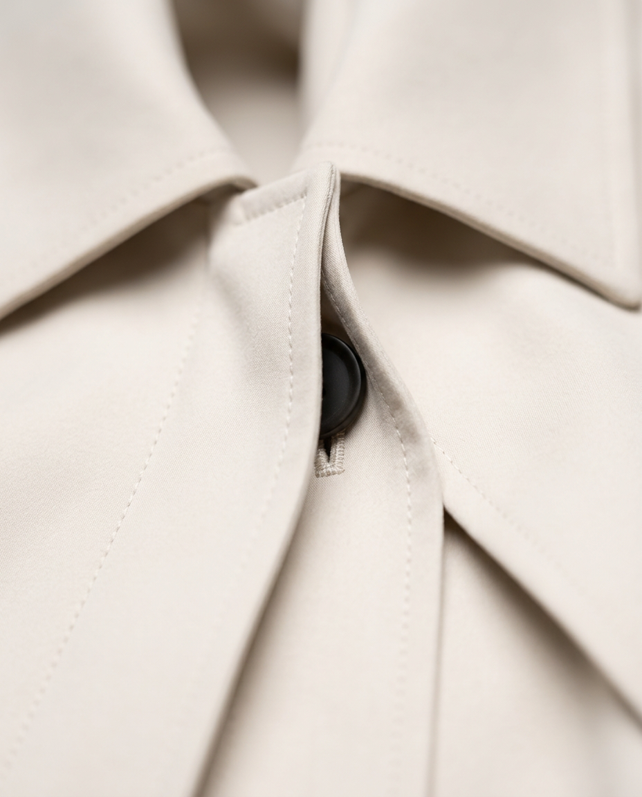 Balloon Blouson in Beige, point collar and covered button, detail view