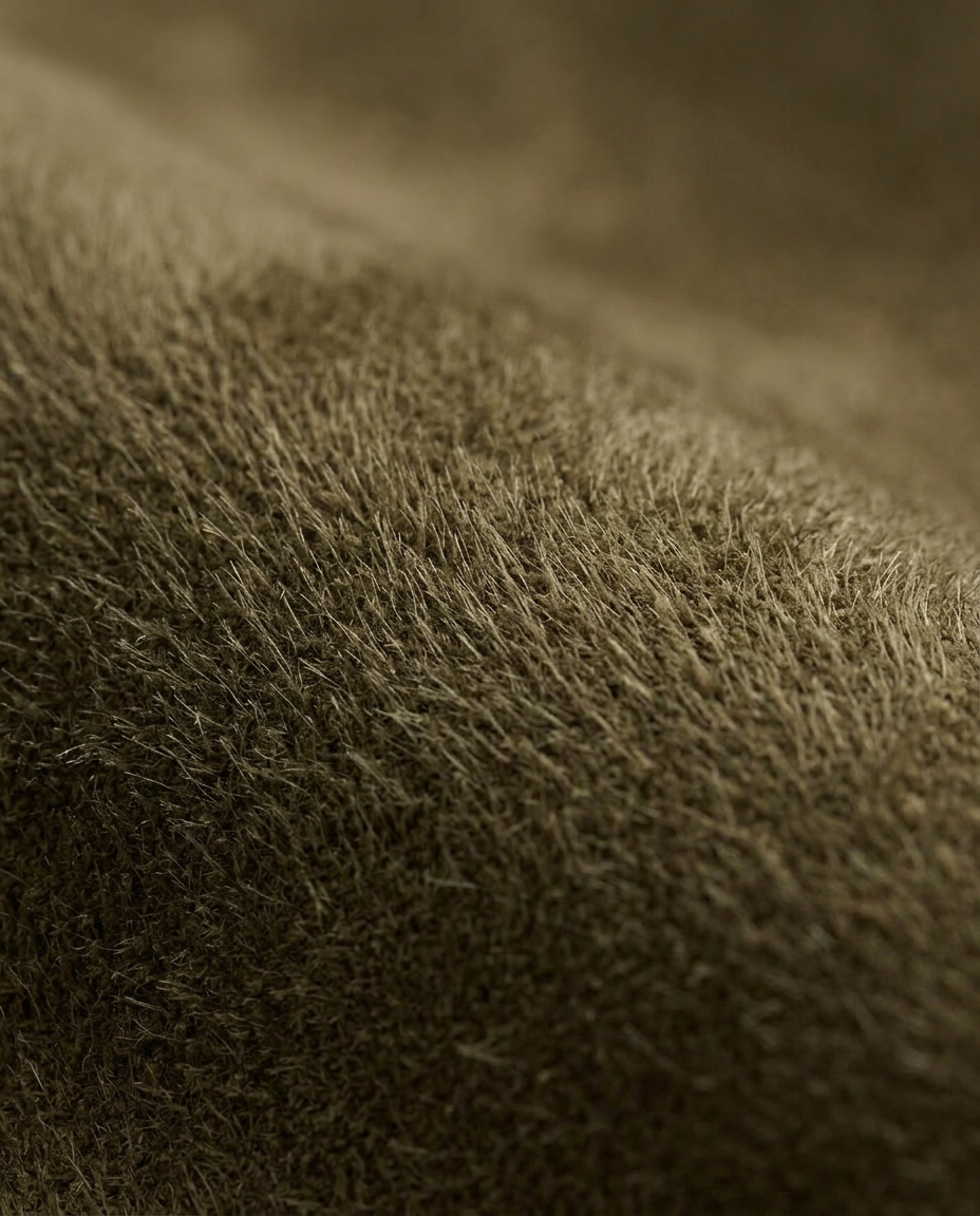 Cropped Trucker Jacket in olive brown, soft napped suede-look surface close-up