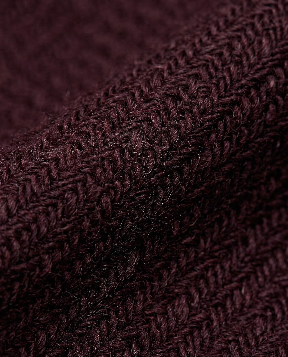 Tailored Maxi Coat in Burgundy, textured herringbone knit-look weave close-up