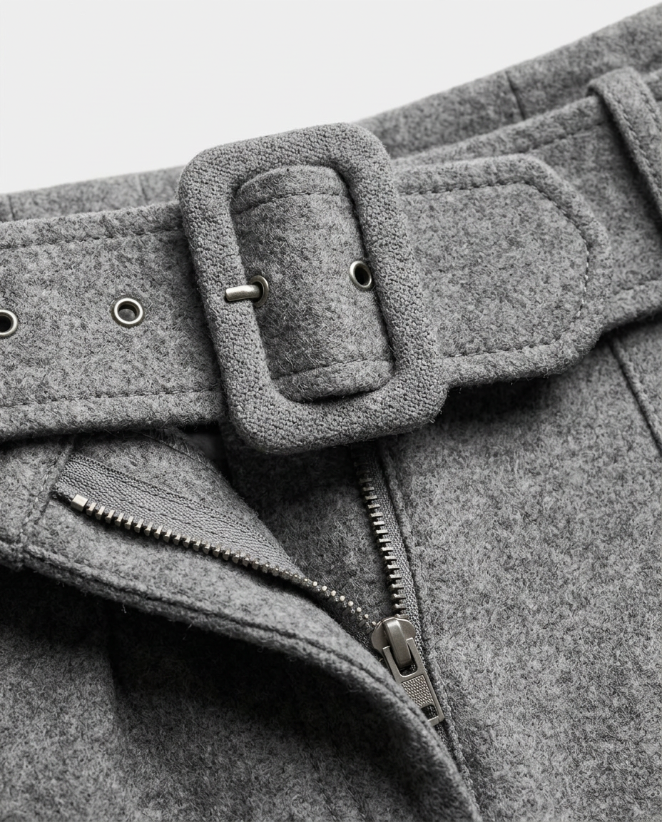 Tailored Pencil Skirt in Grey, wide covered belt buckle and zip fly, detail view