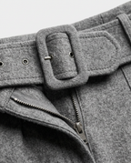 Tailored Pencil Skirt in Grey, wide covered belt buckle and zip fly, detail view