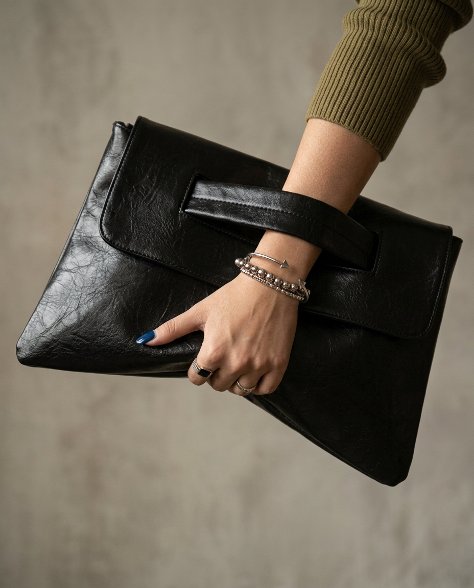 Hand slipped through the front strap of the envelope clutch in black