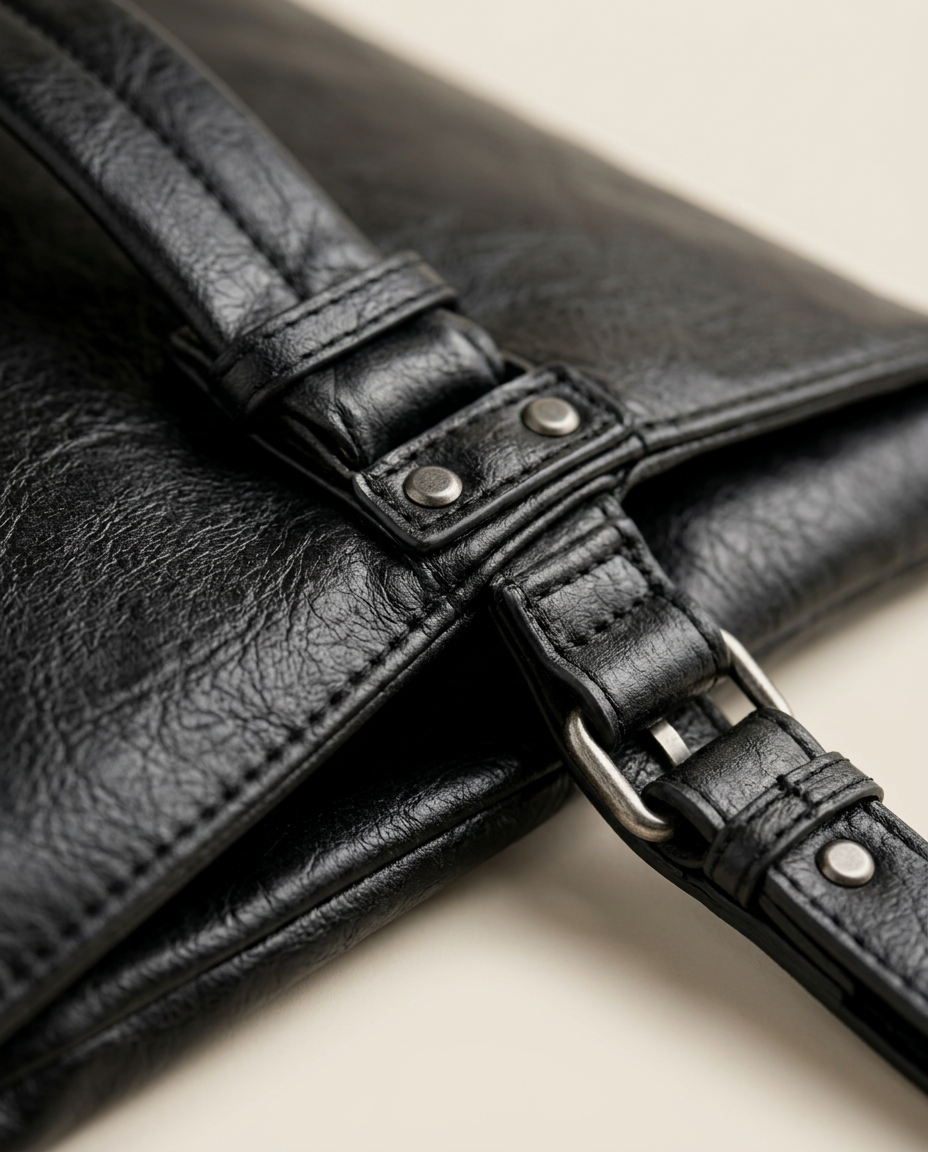 Close-up of the crinkled texture and edge seam on the envelope clutch in black