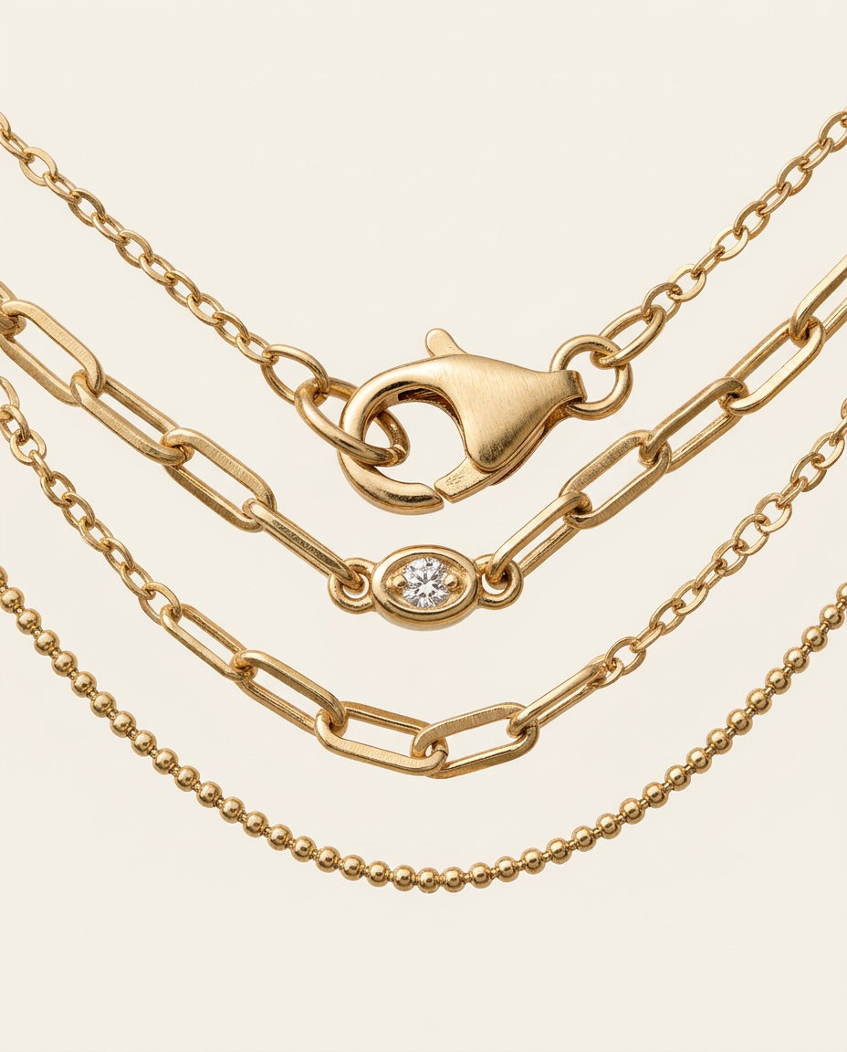 Close-up of the clasp closure on the Gold necklace.