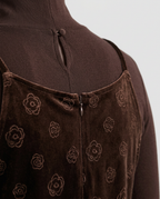 Velvet Midi Slip Dress in dark brown, embroidered roses and back zip over a fitted top, detail view