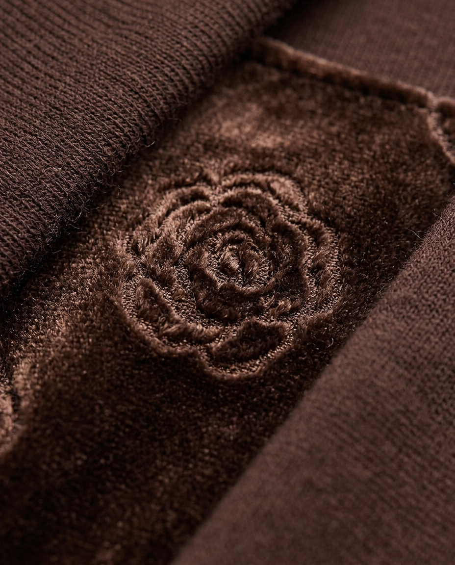 Velvet Midi Slip Dress in dark brown, embroidered rose on velvet close-up