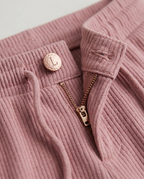 Ribbed Knit Shorts in Pink, ribbed waistband with drawstring, metal button and zip fly, detail view