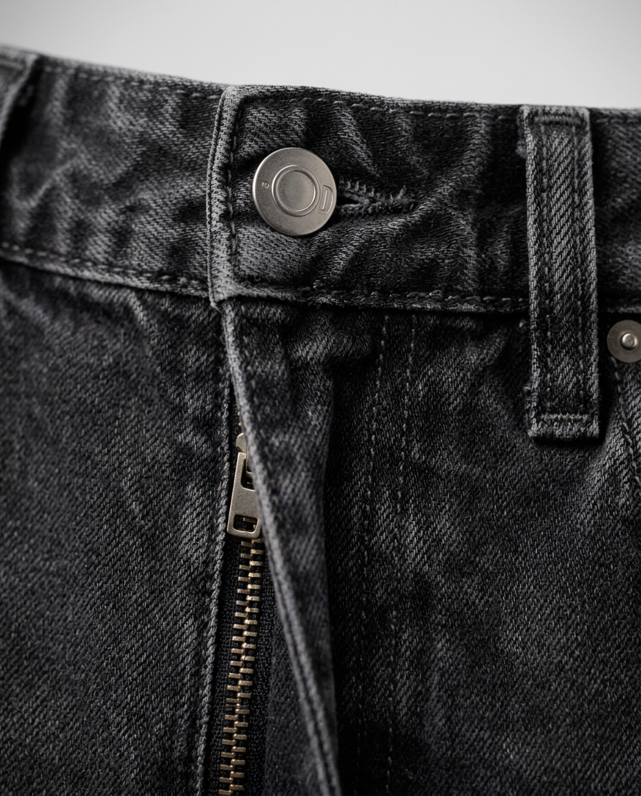 Carpenter Jeans in Black, washed black waistband with metal button and zip fly, detail view