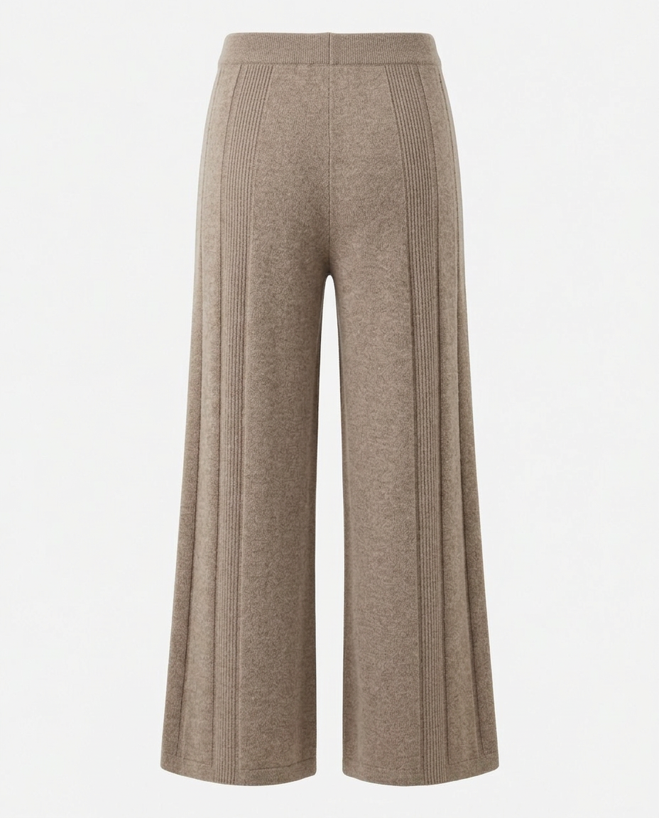 Back view of wide-leg knit lounge trouser in oatmeal