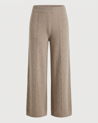 Front view of wide-leg knit lounge trouser in oatmeal showing vertical seam detail