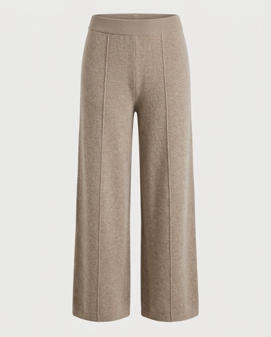 Front view of wide-leg knit lounge trouser in oatmeal showing vertical seam detail