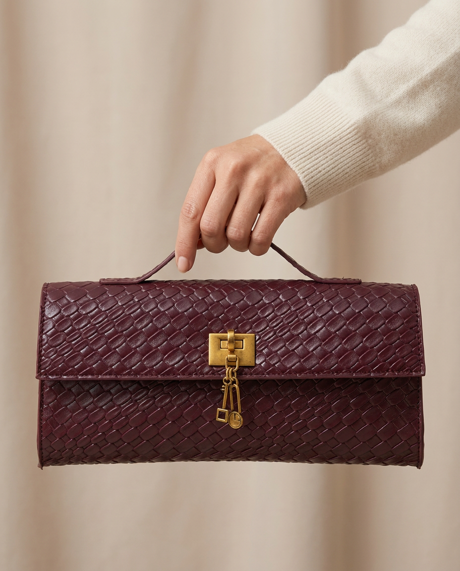 Side perspective of the burgundy woven clutch showing the handle and flap.
