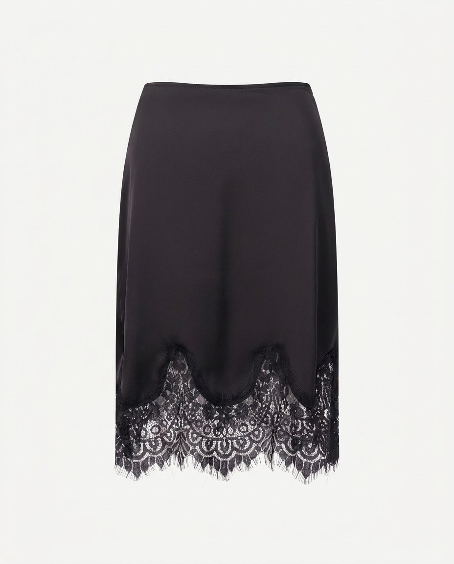 Black satin skirt with scalloped lace hem, front view