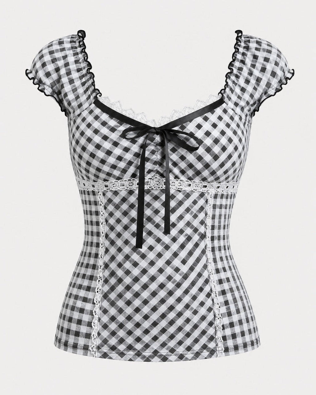 Black and white Gingham Corset Top with lace trim and ribbon tie, front view