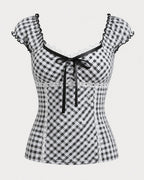 Black and white Gingham Corset Top with lace trim and ribbon tie, front view