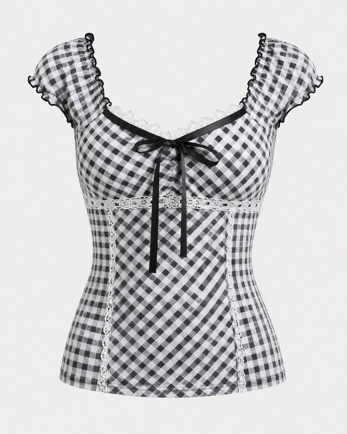 Black and white Gingham Corset Top with lace trim and ribbon tie, front view
