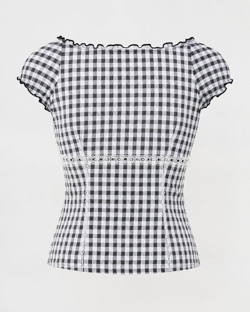 Gingham Corset Top from the back, lace along the panel seams