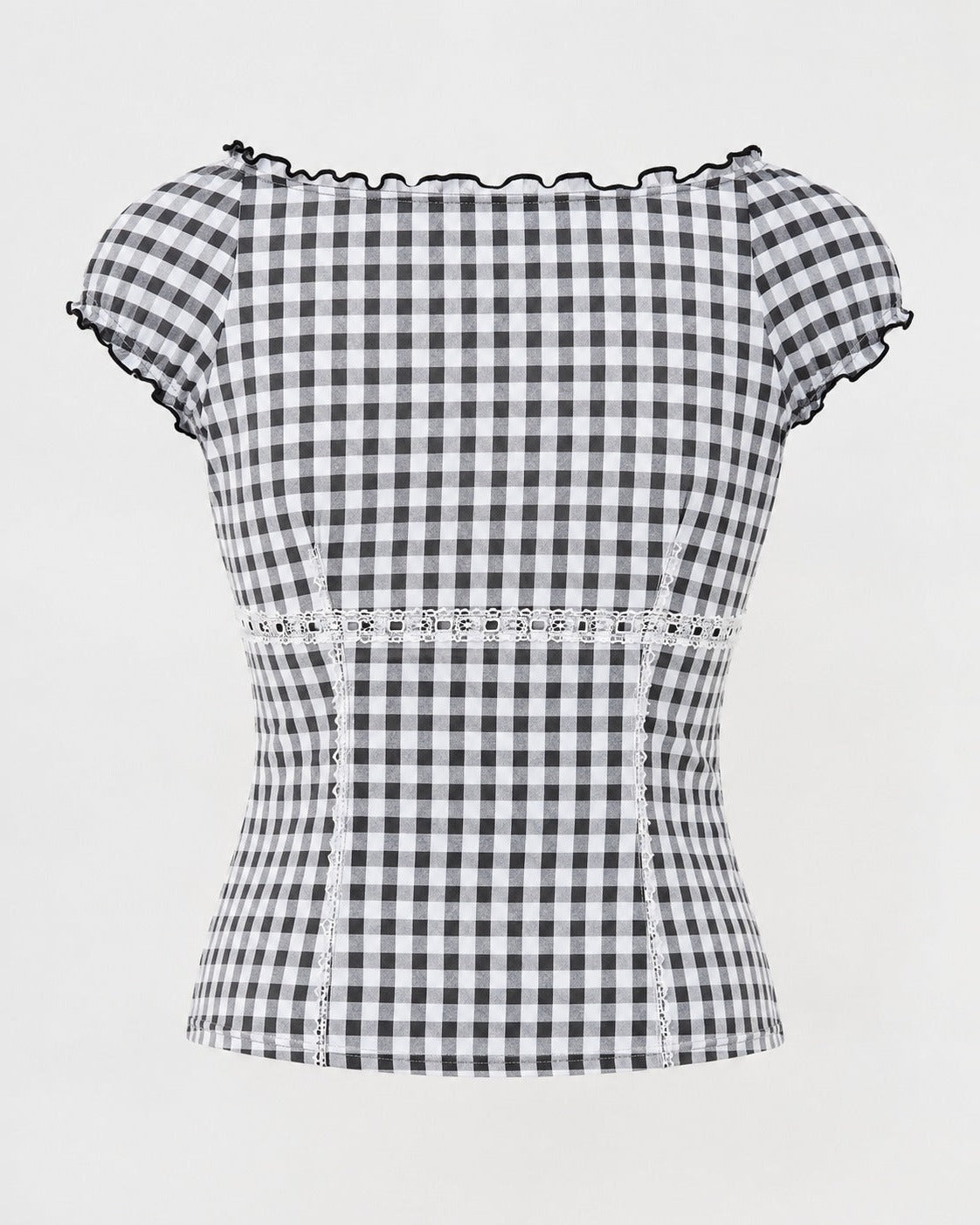 Gingham Corset Top from the back, lace along the panel seams