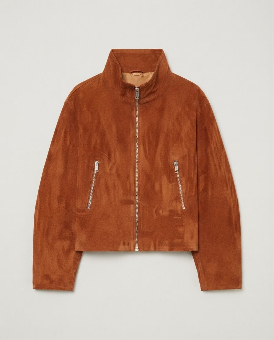 Rust cropped moto jacket in brushed faux leather with full zip, front view