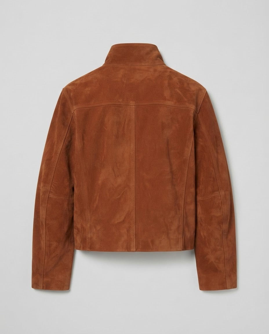 Rust moto jacket showing funnel collar, zip pockets and suede-like nap