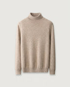 Oatmeal fine knit jumper with a mock neck, front view