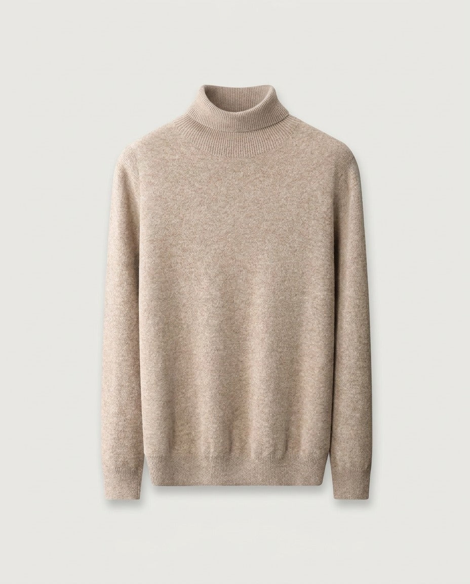 Oatmeal fine knit jumper with a mock neck, front view
