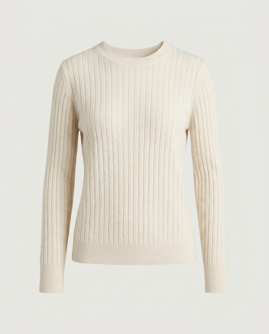 Front view of the ribbed crewneck sweater in oatmeal.