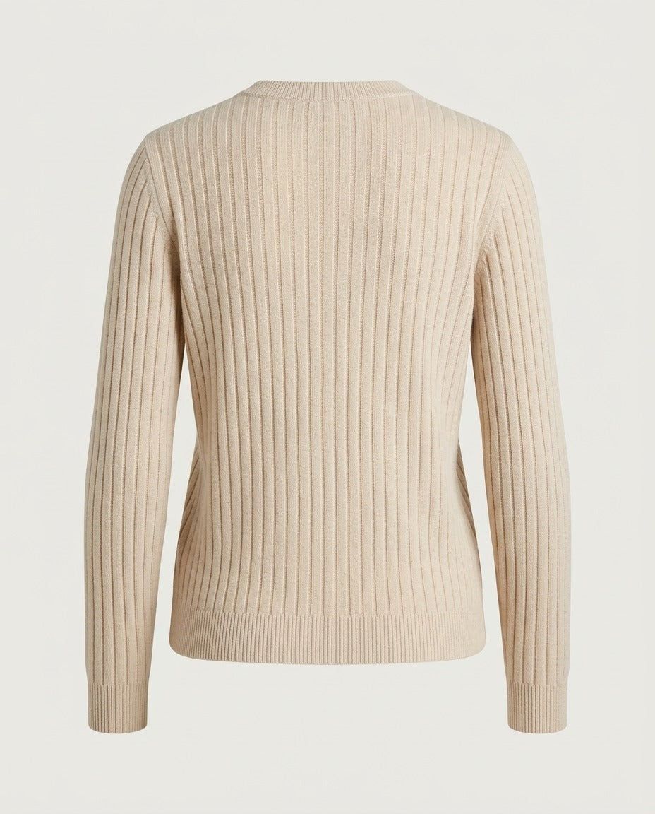 Back view of the ribbed crewneck sweater in oatmeal.