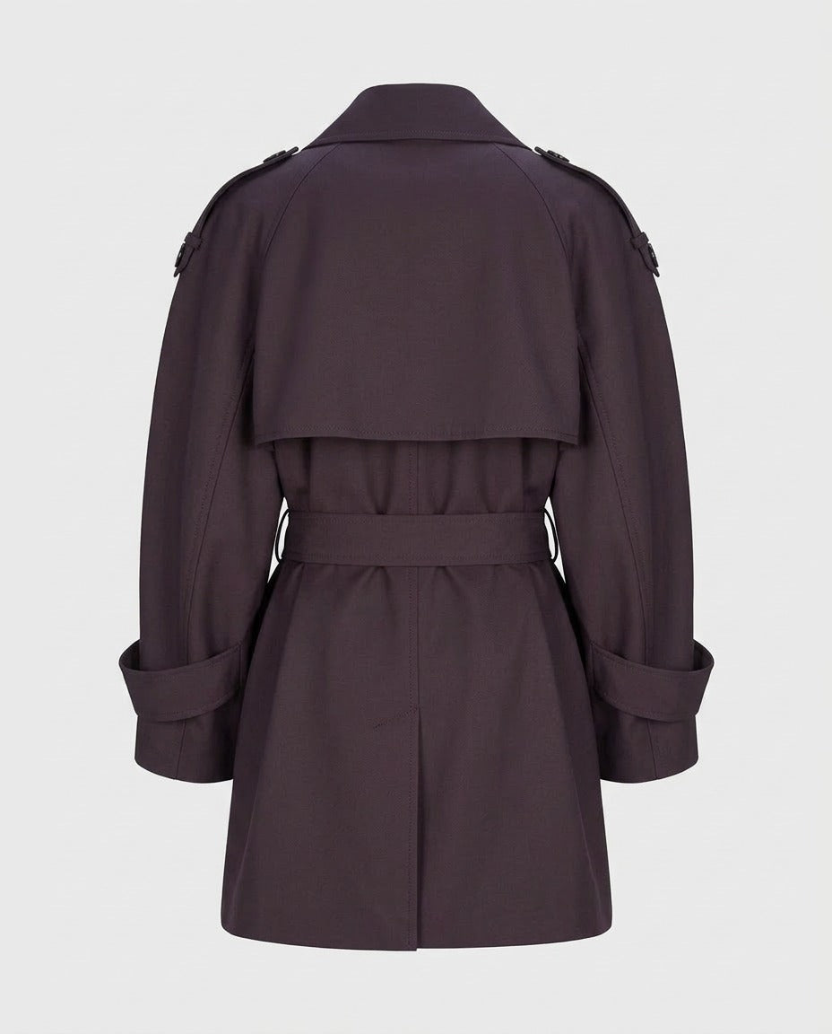 Back view of the oversized belted trench coat in burgundy.