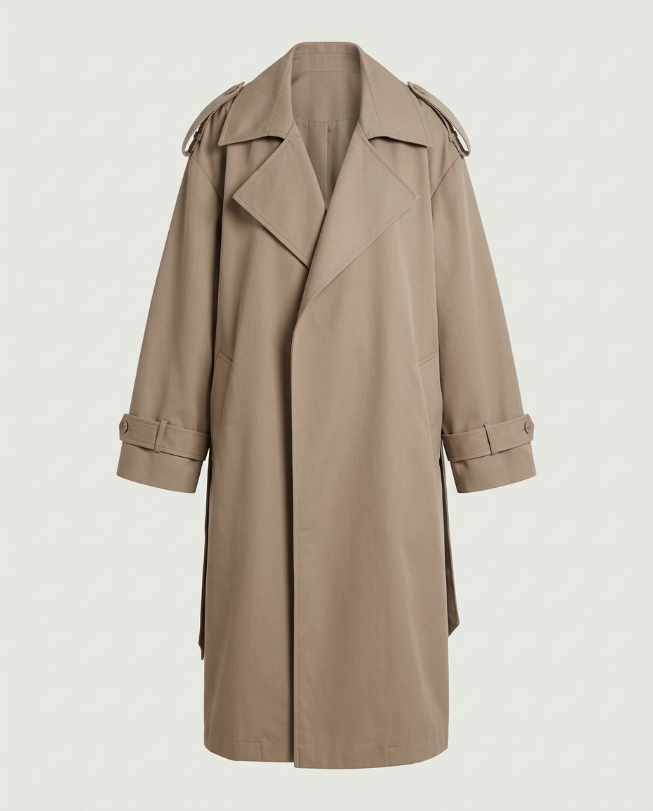 Long taupe oversized trench coat worn open, front view, falling to mid-calf