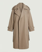 Long taupe oversized trench coat worn open, front view, falling to mid-calf