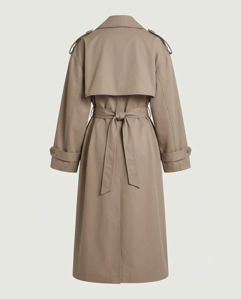 Long taupe trench coat from the back, belted at the waist, with back storm flap