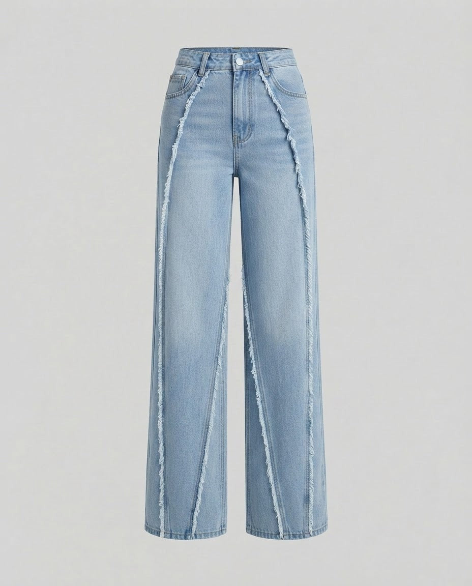 Patchwork straight-leg jeans with contrasting mixed-wash denim panels, front view