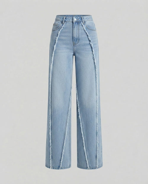 Patchwork straight-leg jeans with contrasting mixed-wash denim panels, front view