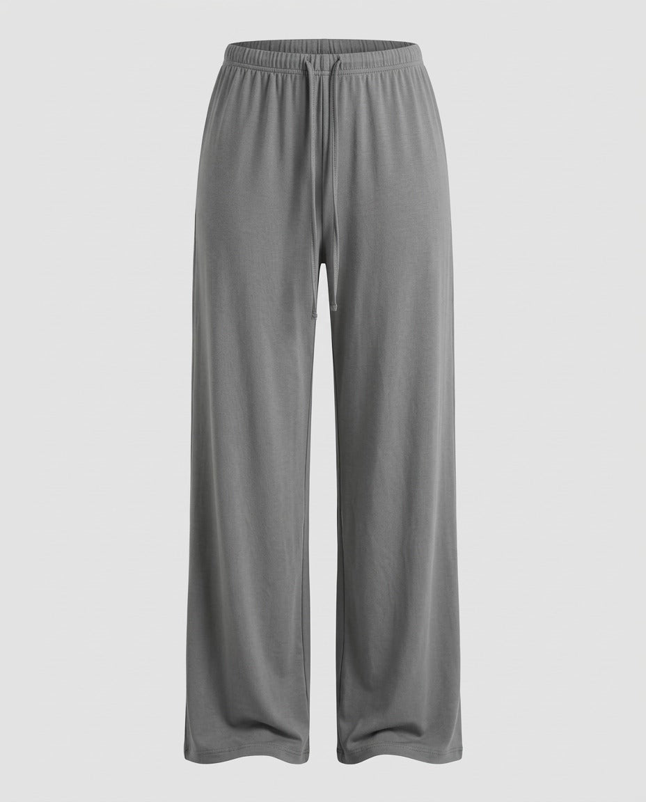 Grey jersey trouser, front view, showing wide leg and drawstring waist.